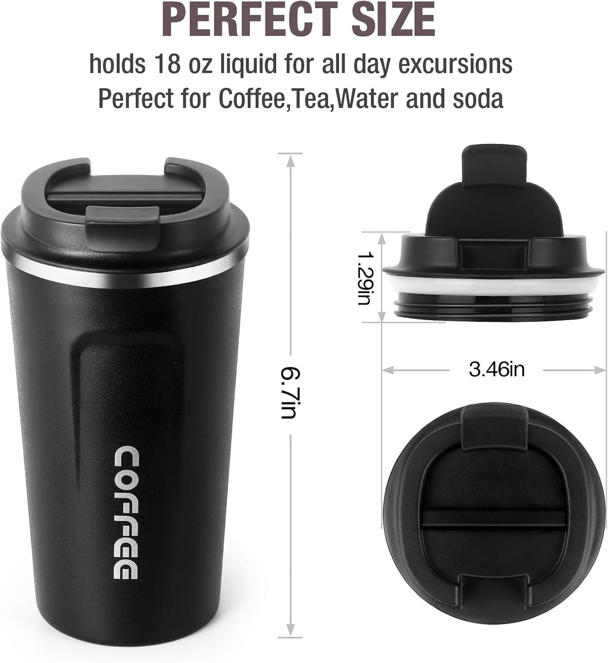 17Oz (510Ml) Vacuum Insulated Coffee Travel Mug, Leakproof Double Wall Stainless Steel Reusable Coffee Cup with Lid for Hot & Cold Drinks, Matte Texture Black