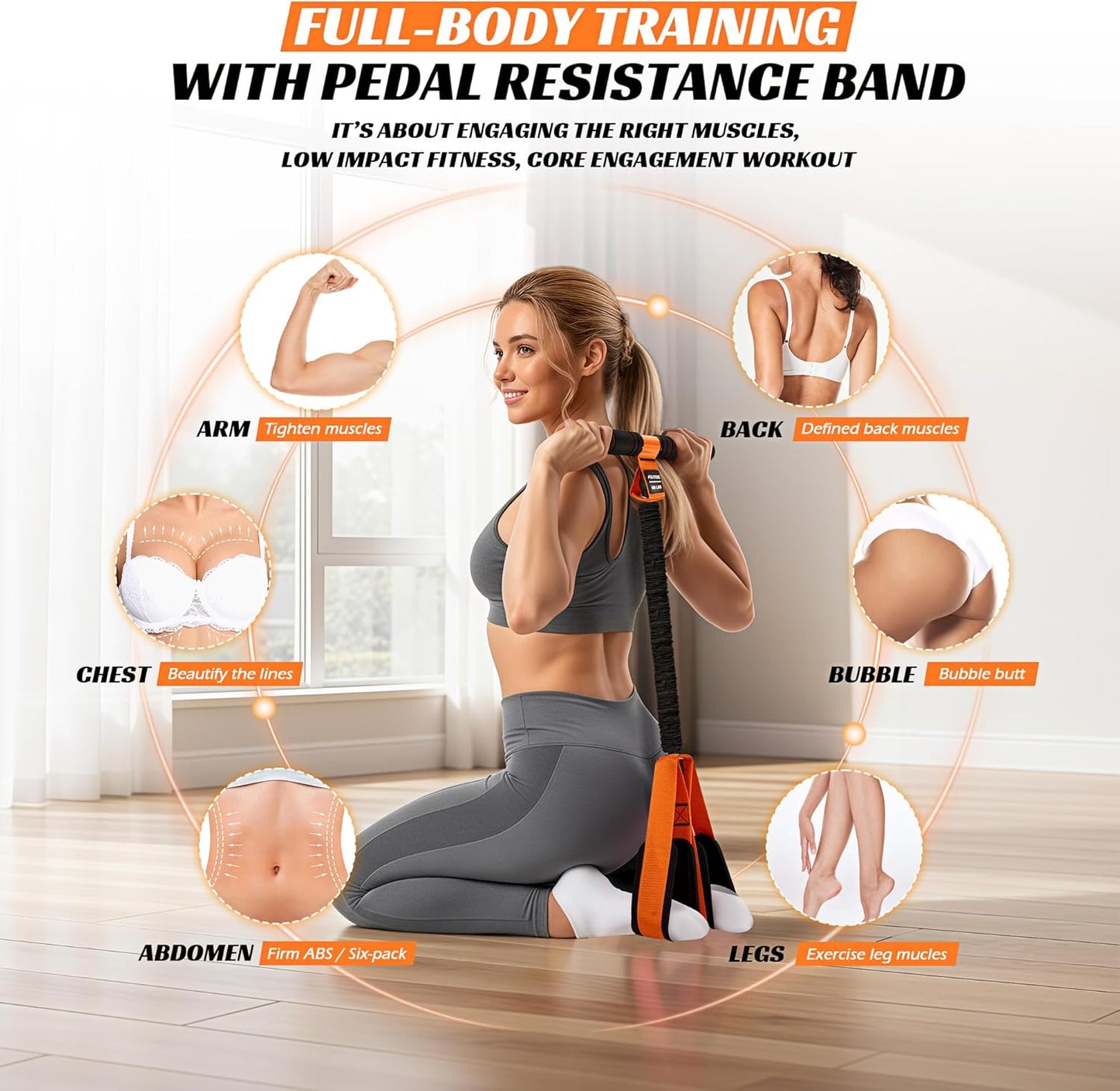 Multifunction Pedal Resistance Band with Handle, Upgraded Exercise Equipment with Soft Foot Pedal for Sit up & Full-Body Home Gym Workouts, Core/Abs Training, Pilates, Yoga & Physical Therapy