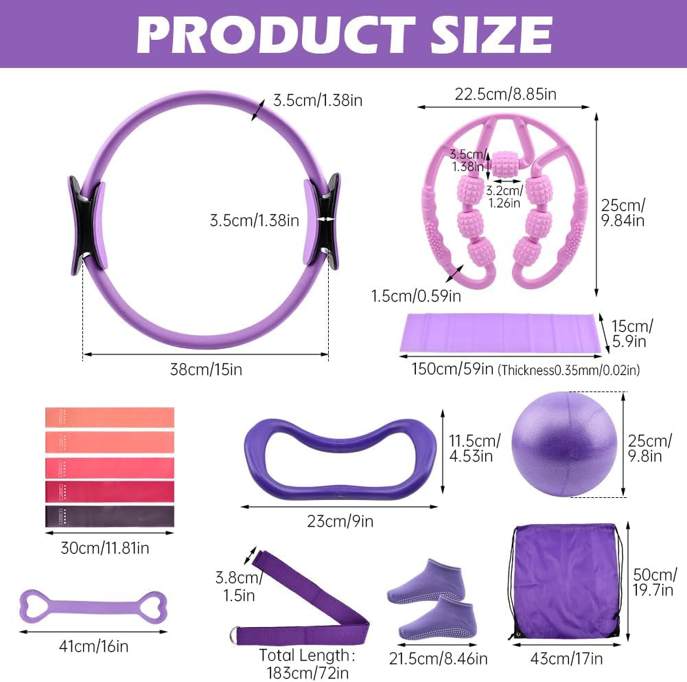 At Home Pilates Kit for Women, Home Workout Pilates Equipment Set with Pilates Ring, Ball, Resistance Band, Resistance Bands, Yoga Strap, Bag, Pilates Essentials Kit for Starter, Beginners