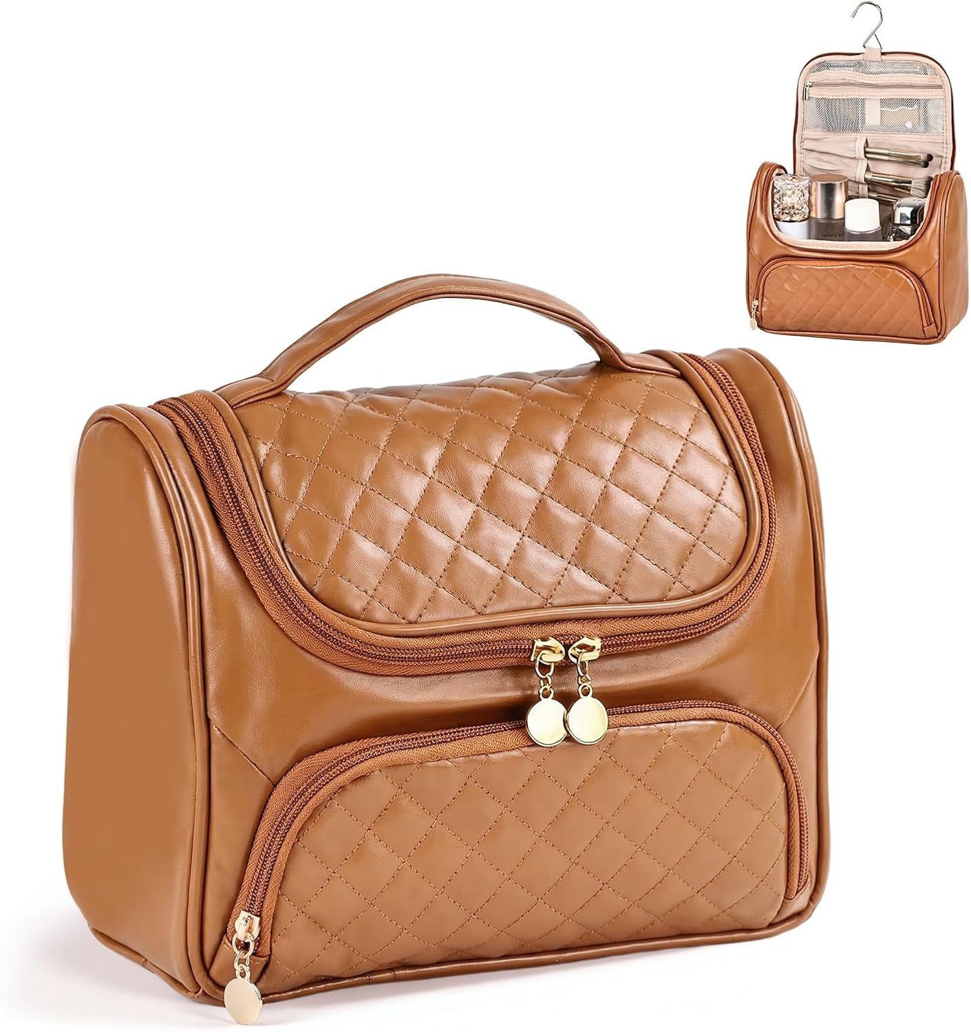 Cosmetic Bags for Women，Hanging Toiletry Bag with Makeup Brush Womens Travel Toiletry Bag for Women Essentials Travel Organizer for Full Sized Cosmetics and Toiletries Brown