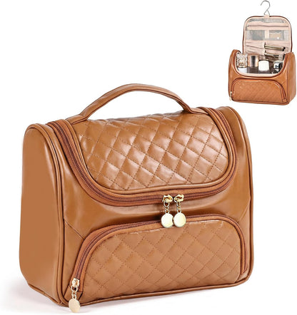 Cosmetic Bags for Women，Hanging Toiletry Bag with Makeup Brush Womens Travel Toiletry Bag for Women Essentials Travel Organizer for Full Sized Cosmetics and Toiletries Brown