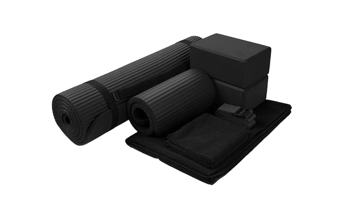 7-Piece Yoga Set with 71X24X0.5 Inches Extra Thick Mat and Carrying Sling – Includes 2 Blocks, Stretch Strap, 2 Towels, and Knee Pad for Home, Studio, and Gym Workouts