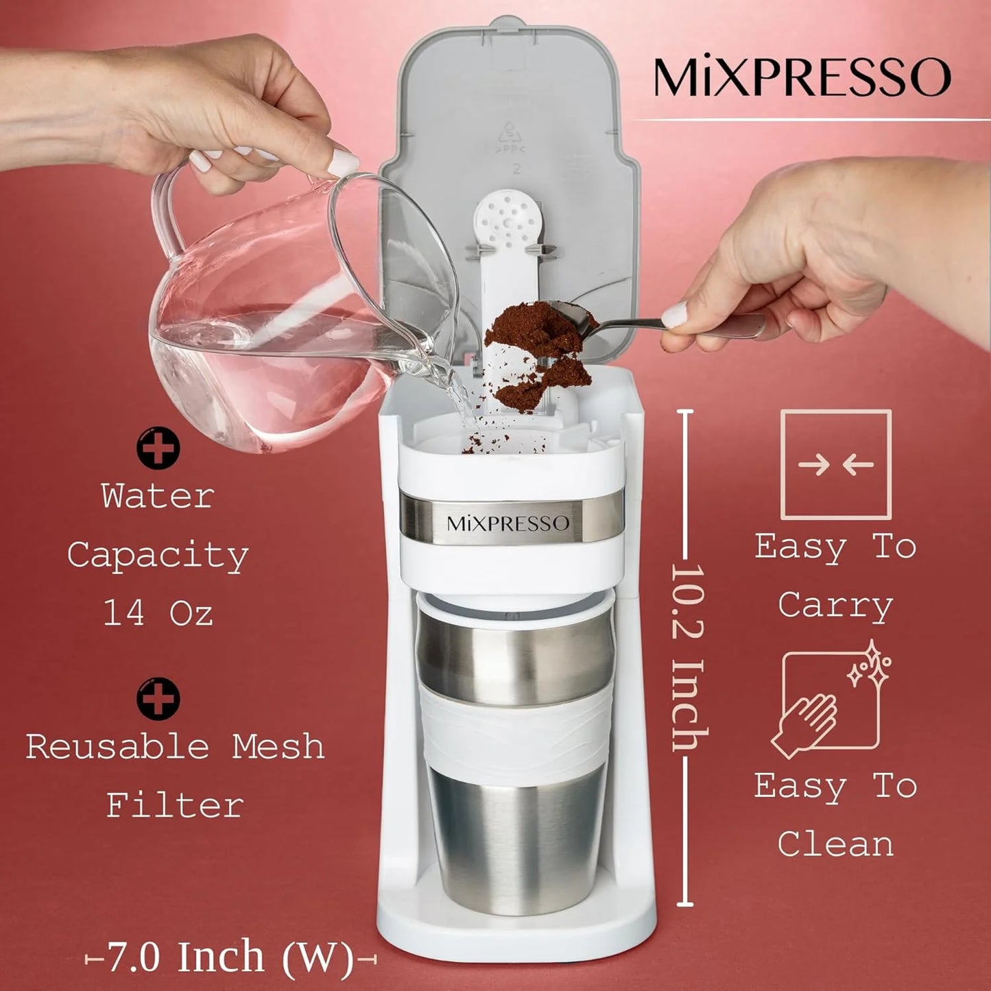 Single Serve Coffee Maker Ground Coffee and 14Oz Travel Mug White