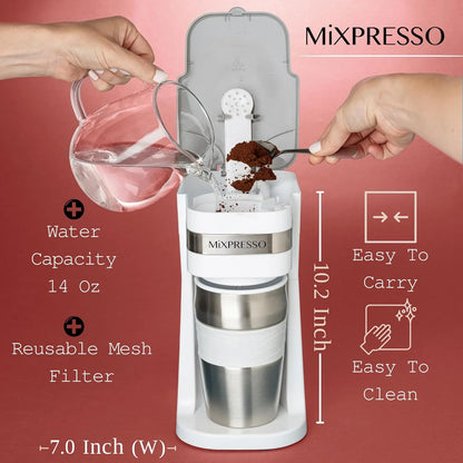 Single Serve Coffee Maker Ground Coffee and 14Oz Travel Mug White