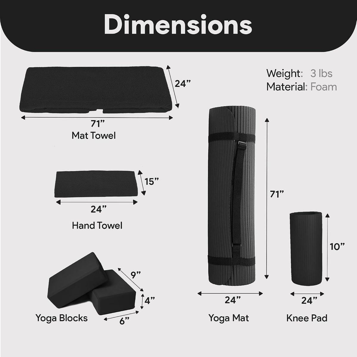 7-Piece Yoga Set with 71X24X0.5 Inches Extra Thick Mat and Carrying Sling – Includes 2 Blocks, Stretch Strap, 2 Towels, and Knee Pad for Home, Studio, and Gym Workouts