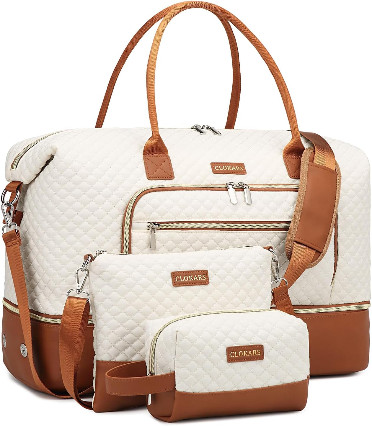 Weekender Bags for Women, Travel Tote Duffle Bag Carry on Overnight Bag with Cosmetics Bag and Crossbody Purse for Gym Hospital, Gifts for Women, Beige Brown