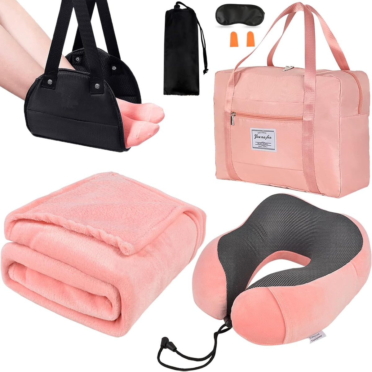 Travel Pillow and Blanket Set - Foot Hammock Rest Airplane Essentials, Pink