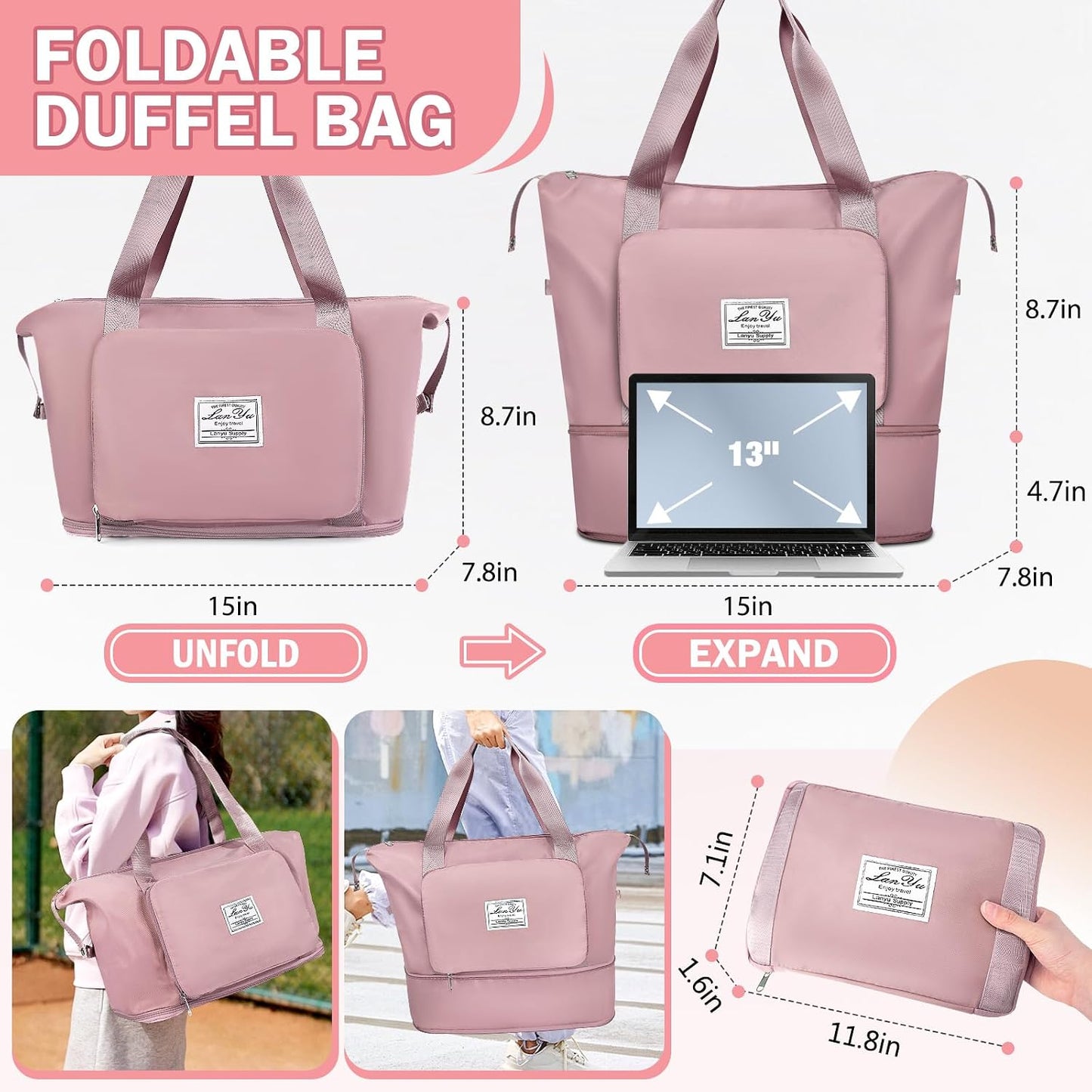 Large Capacity Folding Travel Bag,Expansion Travel Duffel Bag with Dry and Wet Separation Portable Travel Duffel Bag