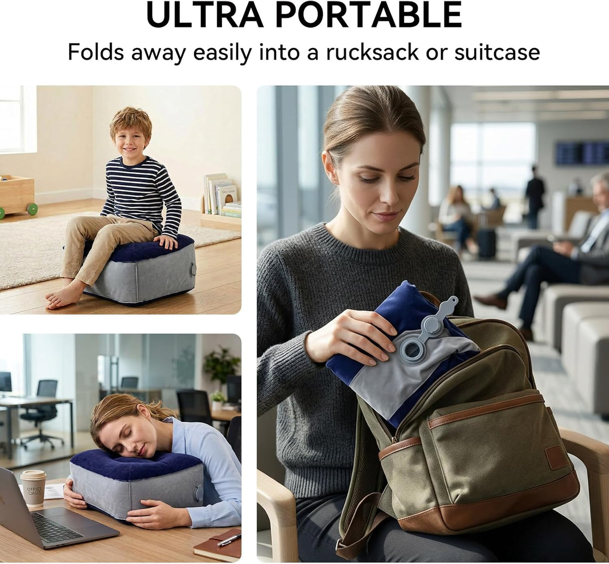 Inflatable Foot Rest Pillow, Airplane Footrest Inflatable, Portable Travel Foot Elevator for Airplane, Airplane Inflatable Foot Rest, Lightweight Foot Stool for Economy Class, Grey, Upgrade Version