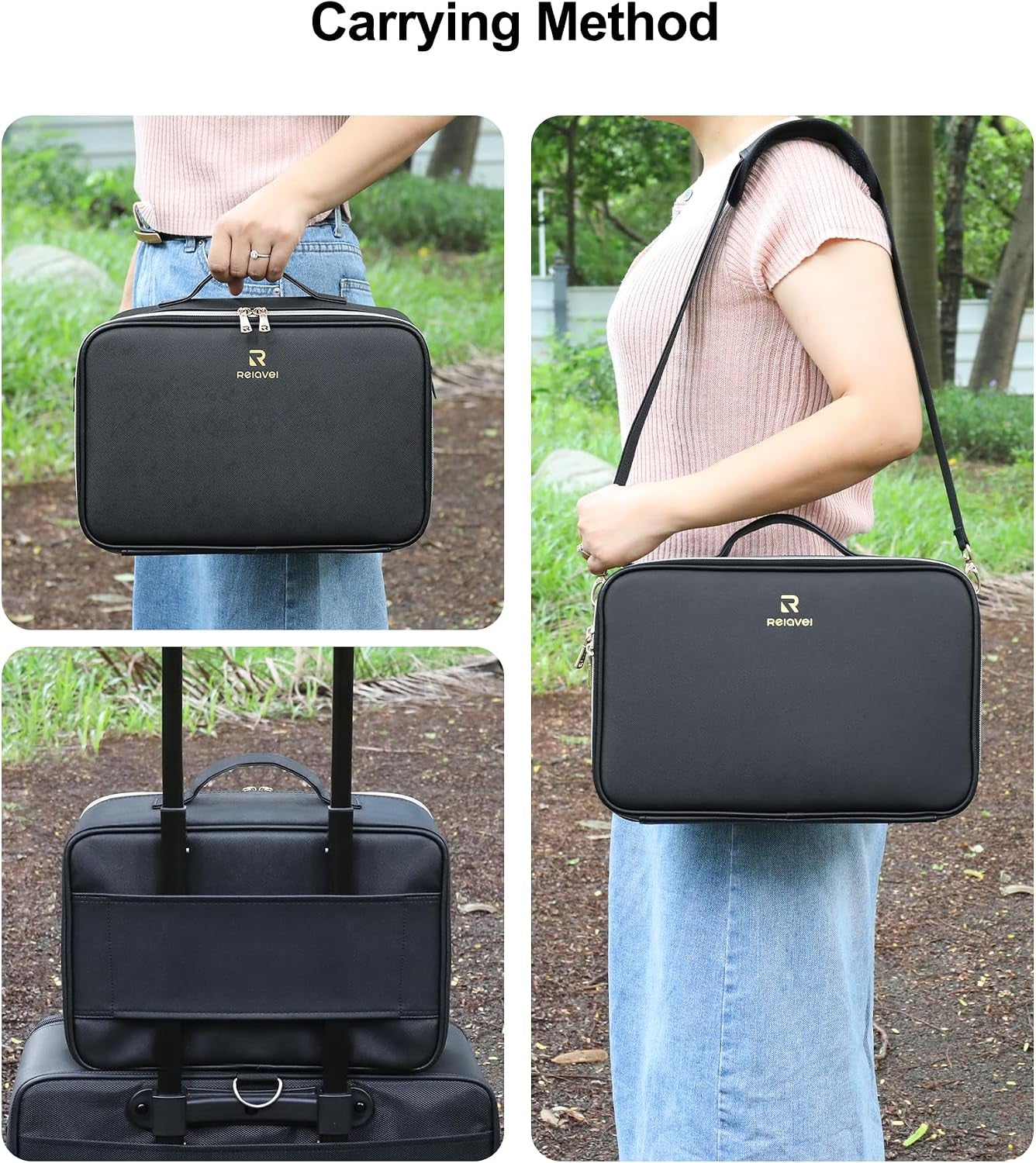Makeup Train Case with LED Mirror, Professional Travel Cosmetic Bag with Removable Partitions,Compact Makeup Organizer, Waterproof Toiletry Case for Women, Black