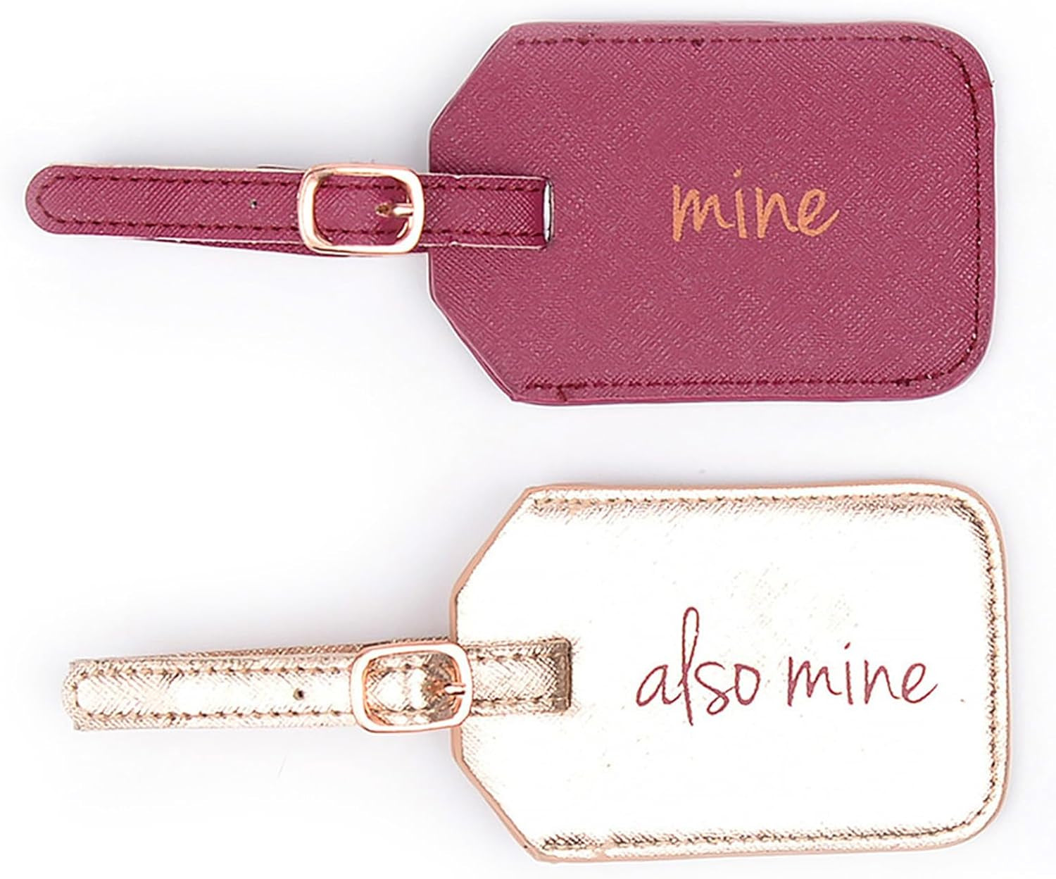 “Mine/Also Mine” Luggage Tags, Set of 2 Faux Leather Suitcase Tags with Sturdy Buckle Straps, 6.85" X 3", Pink & Gold, Cute Travel Gifts