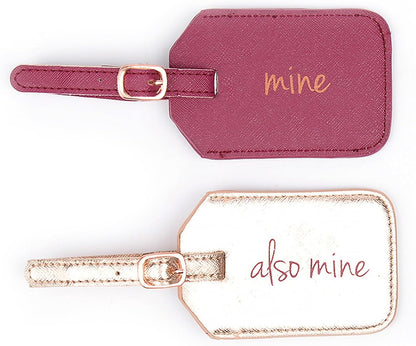 “Mine/Also Mine” Luggage Tags, Set of 2 Faux Leather Suitcase Tags with Sturdy Buckle Straps, 6.85" X 3", Pink & Gold, Cute Travel Gifts