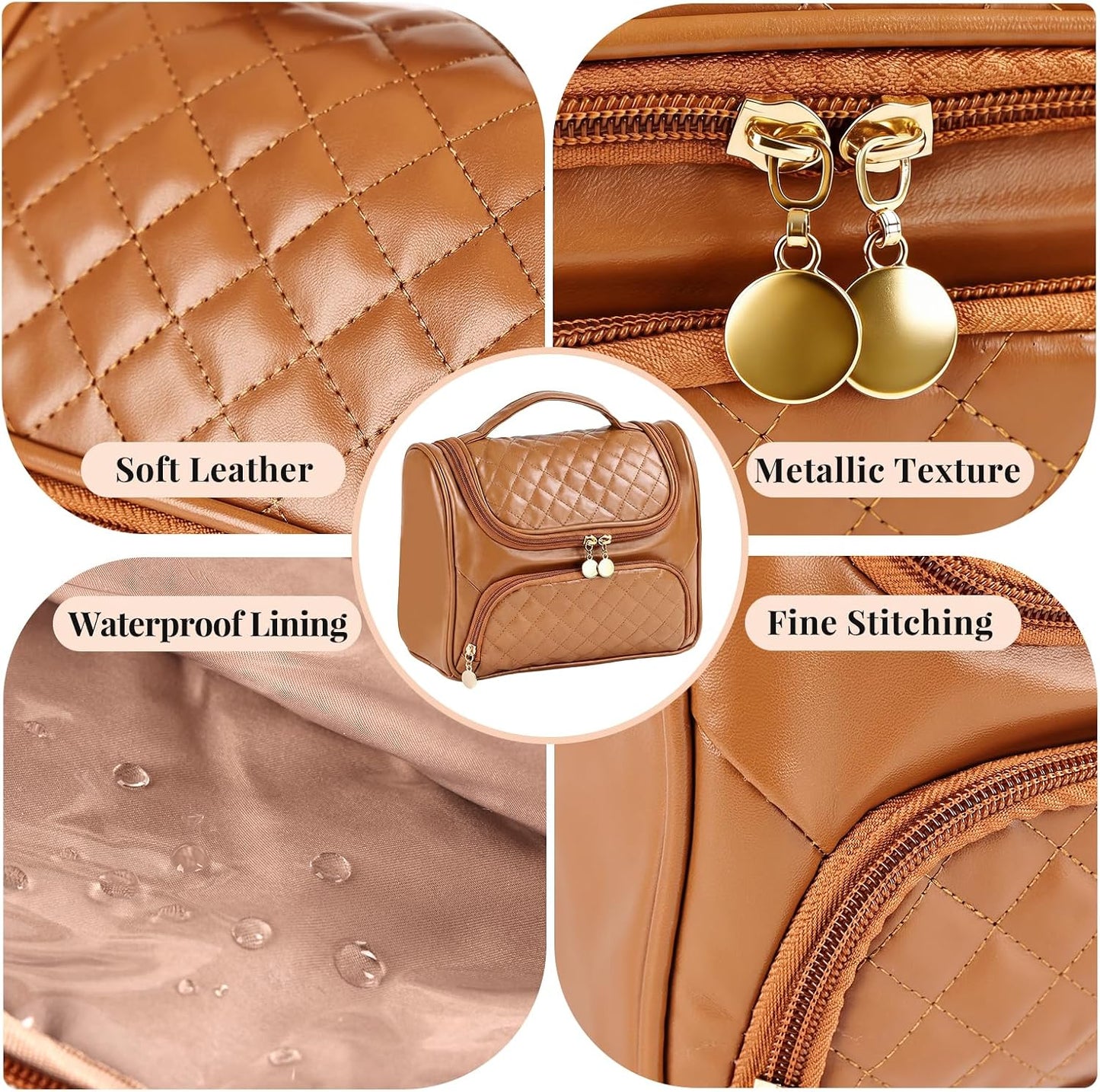 Cosmetic Bags for Women，Hanging Toiletry Bag with Makeup Brush Womens Travel Toiletry Bag for Women Essentials Travel Organizer for Full Sized Cosmetics and Toiletries Brown