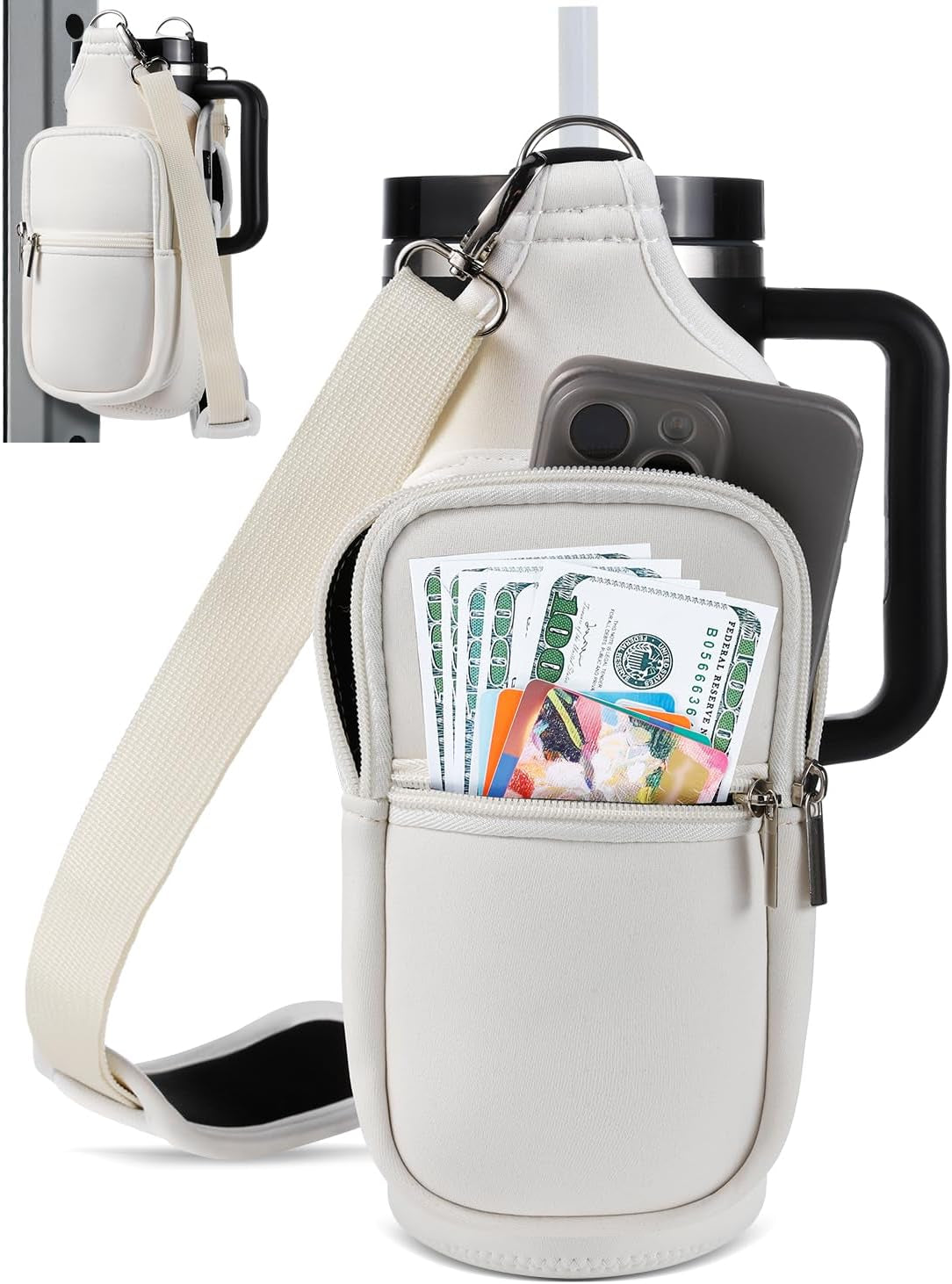 Magnetic Gym Bag Water Bottle Carrier Holder with Phone Pockets & Shoulder Strap for Men Women,Water Bottle Holder, Gym Pouch, Crossbody Bag for Travel, Sports, Work, Fitness - Beige