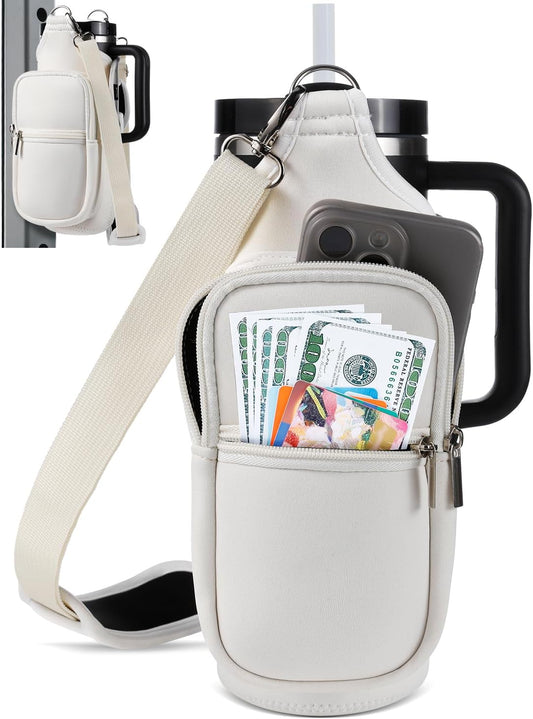 Magnetic Gym Bag Water Bottle Carrier Holder with Phone Pockets & Shoulder Strap for Men Women,Water Bottle Holder, Gym Pouch, Crossbody Bag for Travel, Sports, Work, Fitness - Beige