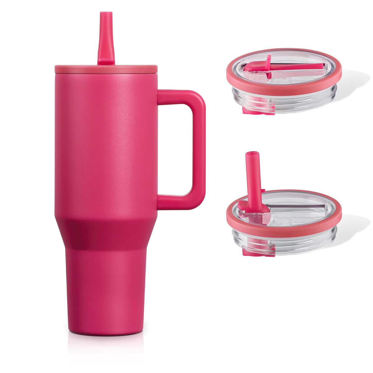 40Oz Fuchsia Large Vacuum-Insulated Tumbler with Lid, Reusable Stainless Steel Water Bottle with Handle Flip Straw Rubber Base, Leak Resistant Travel Coffee Mug for Home Office Gym