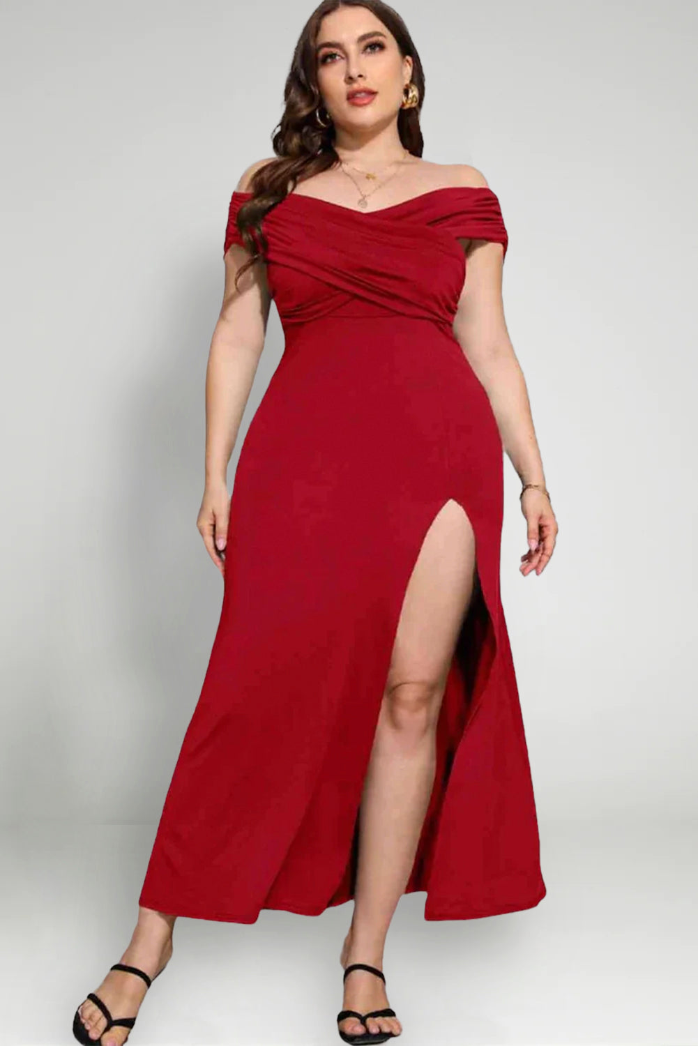 Plus Size Crossover Off-Shoulder Split Dress