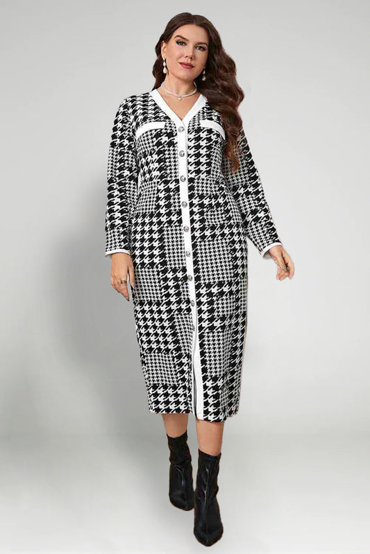 Plus Size Houndstooth Button-Down Long Sleeve Dress