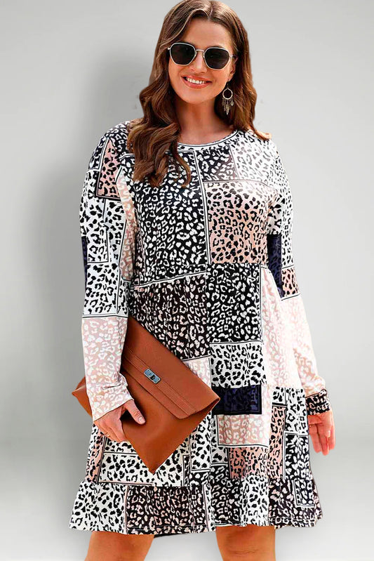 Plus Size Round Neck Leopard Print Long Sleeve Mini Dress