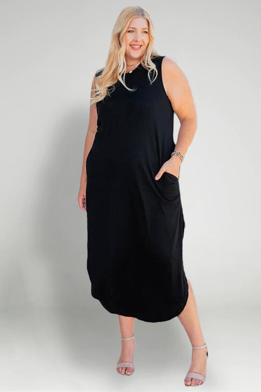 Plus Size Sleeveless Midi Slit Dress with Pockets