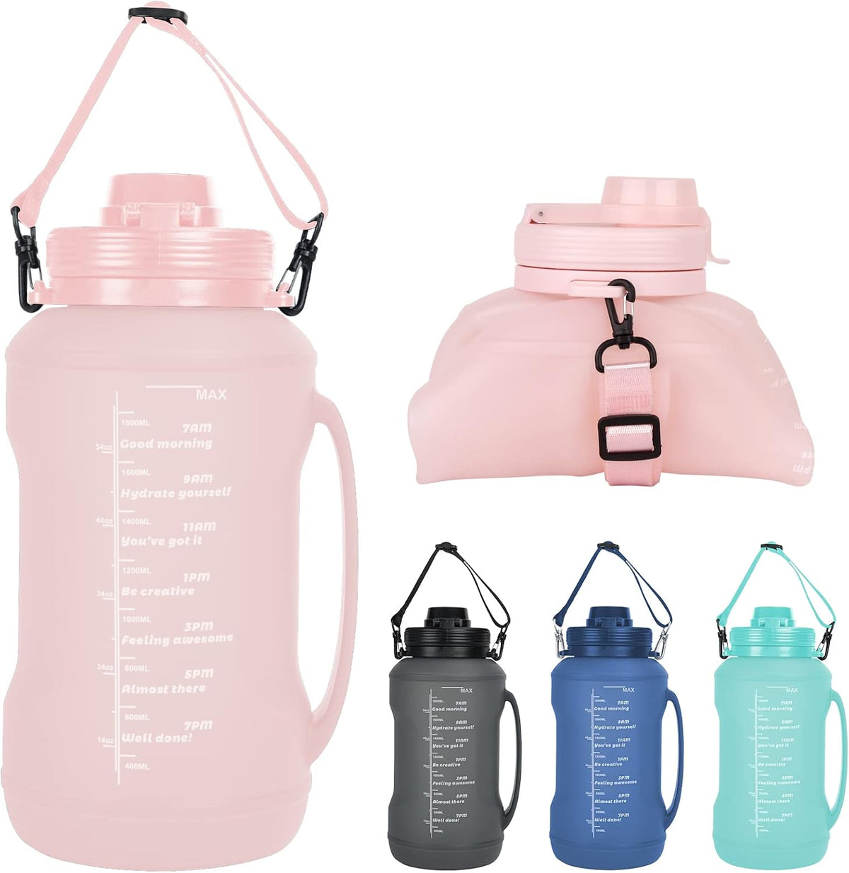 Collapsible Water Bottles, 2L/64OZ Travel Water Bottle Bottle with Straw, Half Gallon Large Water Bottle for Travel Outdoor Sports Runing Fitness Yoga (Upgraded Pink)