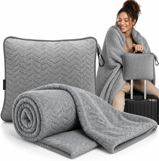 Travel Blanket and Pillow Set, Soft Fleece Airplane Blanket, Grey
