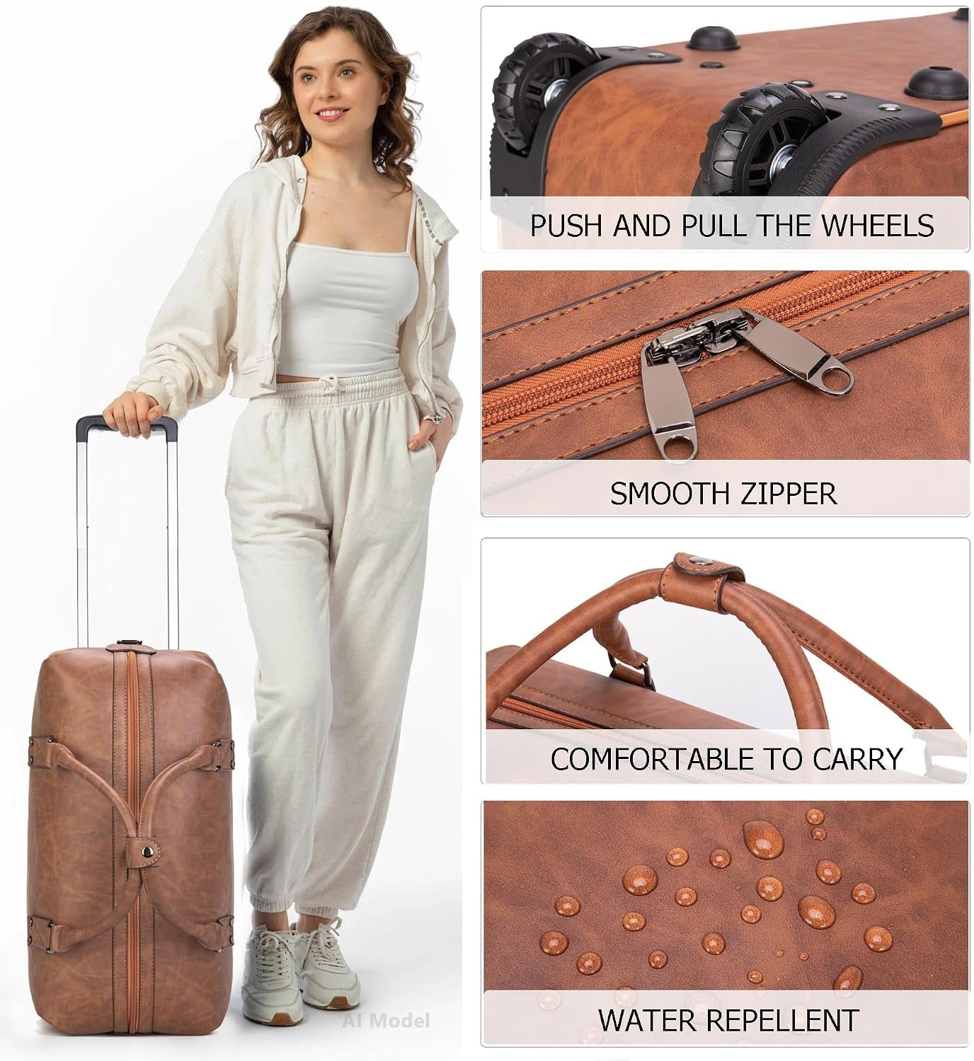 PU Leather Rolling Duffel Bag, Waterproof Weekender with Wheels