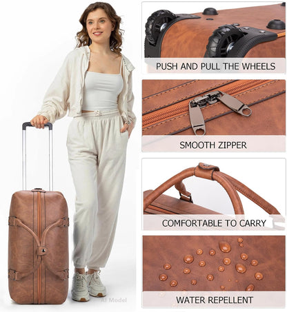 PU Leather Rolling Duffel Bag, Waterproof Weekender with Wheels