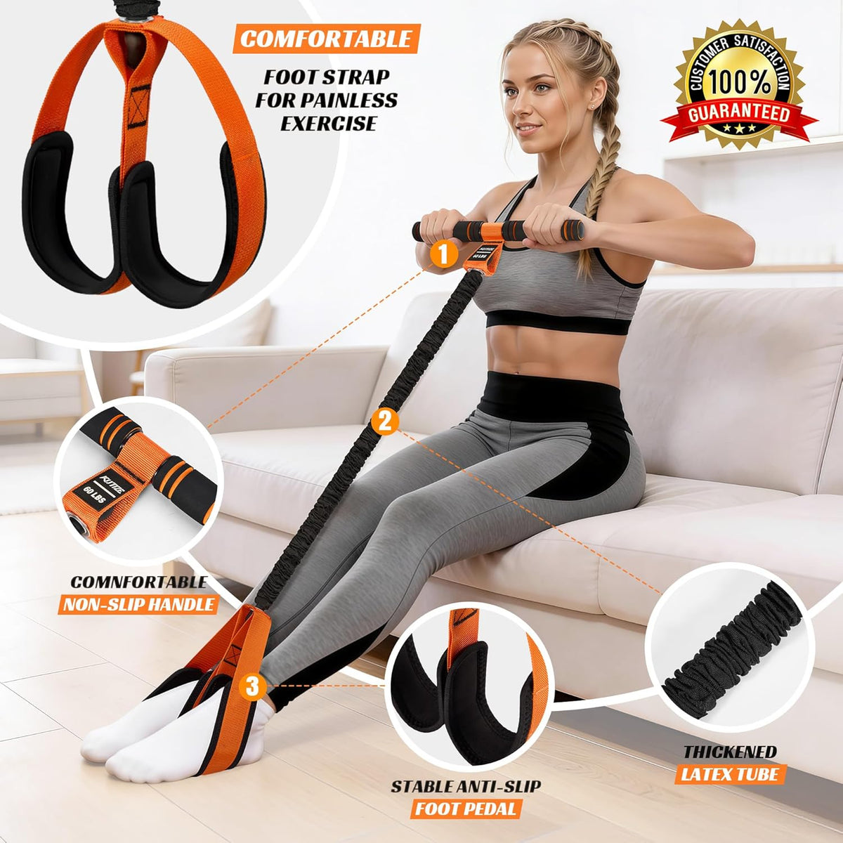 Multifunction Pedal Resistance Band with Handle, Upgraded Exercise Equipment with Soft Foot Pedal for Sit up & Full-Body Home Gym Workouts, Core/Abs Training, Pilates, Yoga & Physical Therapy
