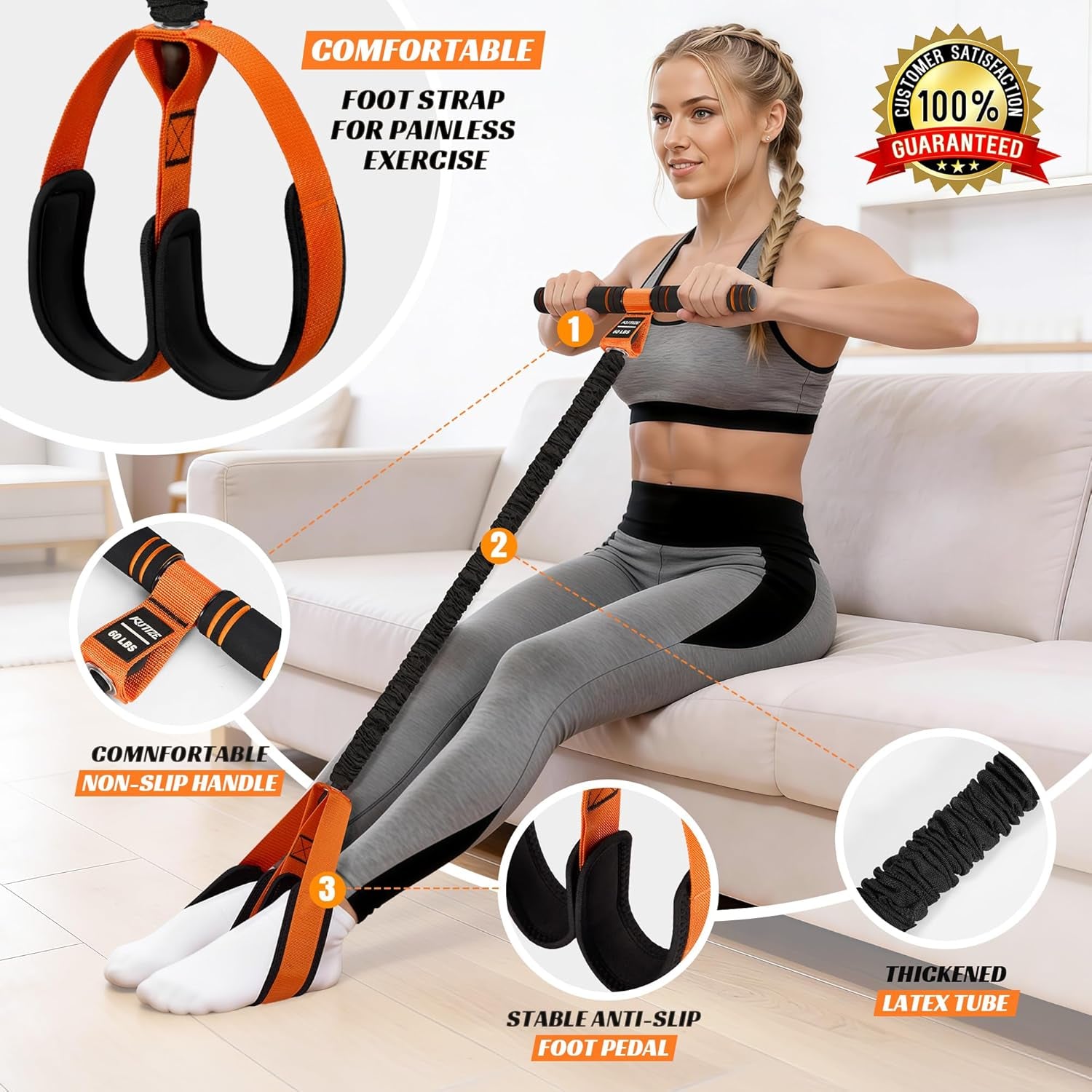 Multifunction Pedal Resistance Band with Handle, Upgraded Exercise Equipment with Soft Foot Pedal for Sit up & Full-Body Home Gym Workouts, Core/Abs Training, Pilates, Yoga & Physical Therapy