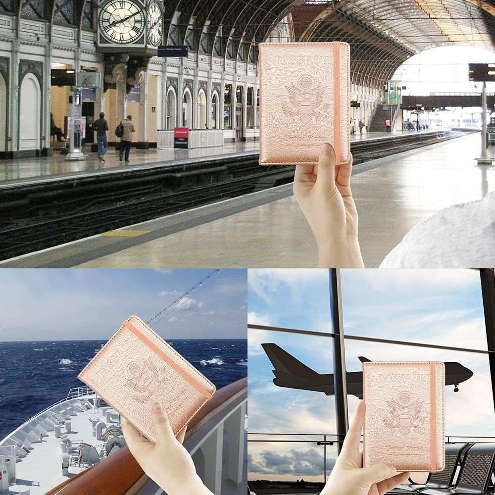 Passport Holder for Travel,Leather Passport Holder RFID Blocking Passport Cover Wallet Passport Case with Pen Holder Passport Holders for Travel Women Men Family Travels Must Haves Essential,Rose Gold