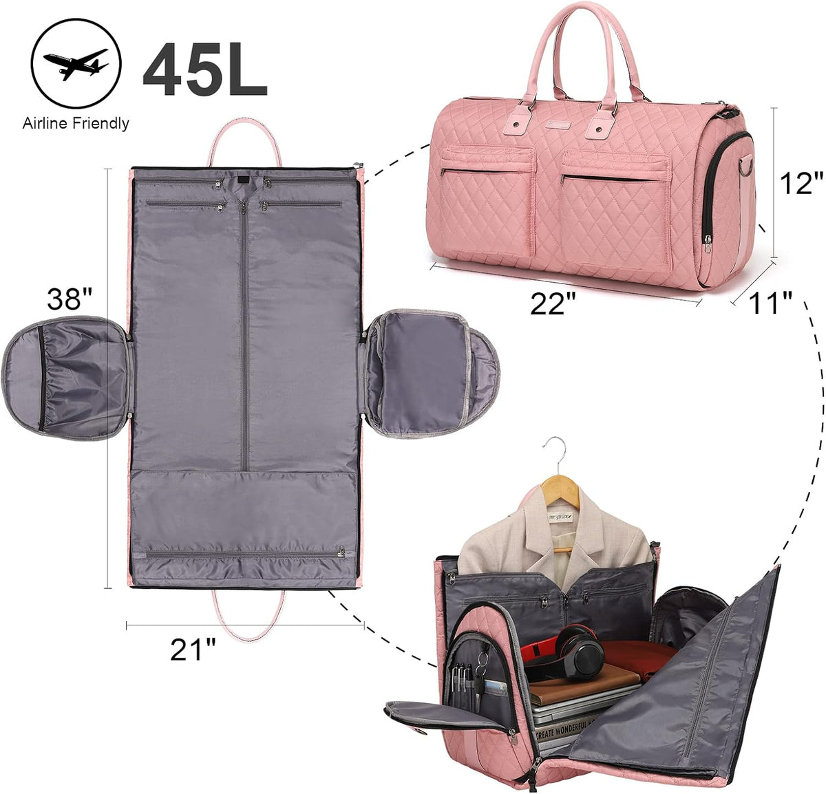 Convertible Garment Duffel Bag, 2-In-1 Hanging Suitcase for Travel