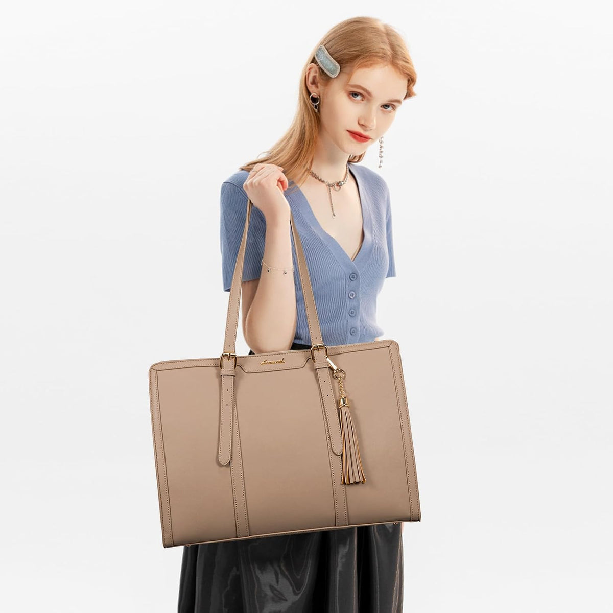 Laptop Bag for Women 15.6 Inch Lightweight PU Laptop Tote Bag, Large Capacity Computer Bag with Clutch Purse for Business, Work, Office, Travel,School，Casual（Light Brown，15.6 Inch）