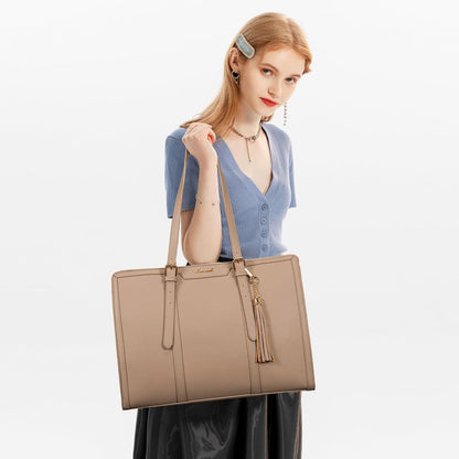 Laptop Bag for Women 15.6 Inch Lightweight PU Laptop Tote Bag, Large Capacity Computer Bag with Clutch Purse for Business, Work, Office, Travel,School，Casual（Light Brown，15.6 Inch）