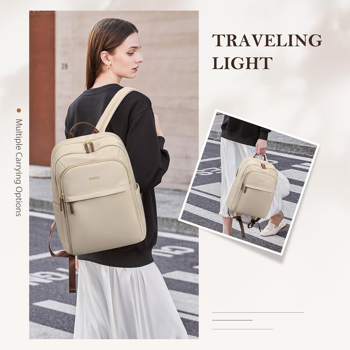Travel Backpack for Women Personal Carry on Bag Business Weekender Hiking Multilayer Laptop Bag,16 Inch,Apricot