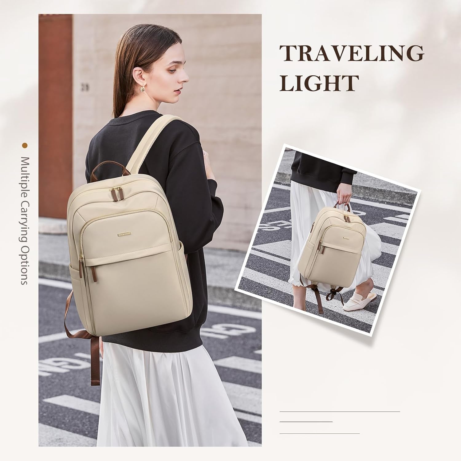 Travel Backpack for Women Personal Carry on Bag Business Weekender Hiking Multilayer Laptop Bag,16 Inch,Apricot
