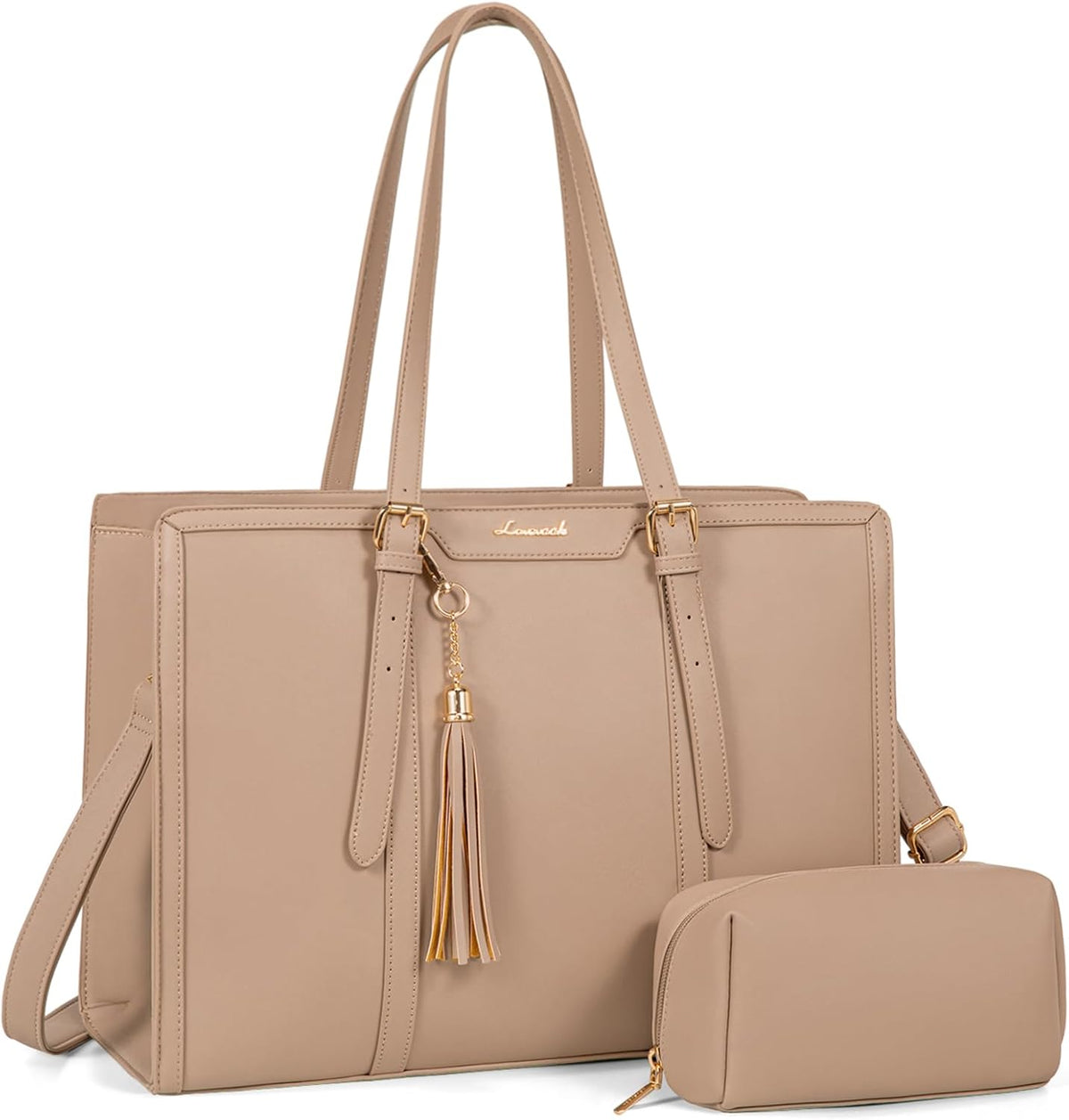 Laptop Bag for Women 15.6 Inch Lightweight PU Laptop Tote Bag, Large Capacity Computer Bag with Clutch Purse for Business, Work, Office, Travel,School，Casual（Light Brown，15.6 Inch）