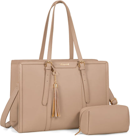 Laptop Bag for Women 15.6 Inch Lightweight PU Laptop Tote Bag, Large Capacity Computer Bag with Clutch Purse for Business, Work, Office, Travel,School，Casual（Light Brown，15.6 Inch）
