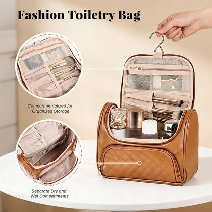 Cosmetic Bags for Women，Hanging Toiletry Bag with Makeup Brush Womens Travel Toiletry Bag for Women Essentials Travel Organizer for Full Sized Cosmetics and Toiletries Brown