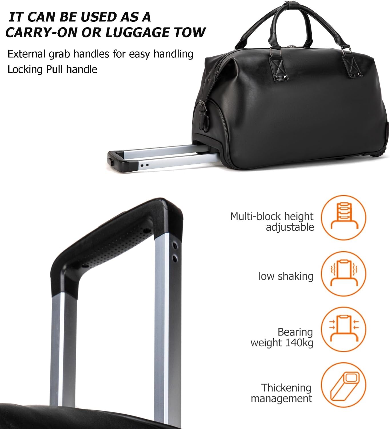 PU Leather Rolling Duffel Bag, Waterproof Weekender with Wheels