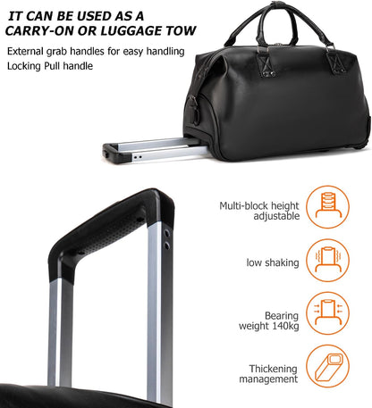 PU Leather Rolling Duffel Bag, Waterproof Weekender with Wheels