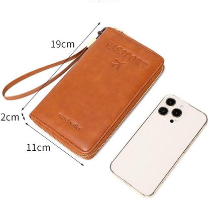 Multi-Functional RFID Passport Wallet,Travel Wallet for Men & Women,With Zipper, Anti-Theft Passport Holder，Slim Leather Cover for Credit Cards, Tickets, Cash (Brown)