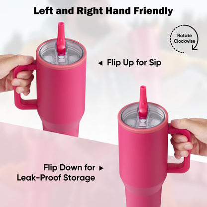 40Oz Fuchsia Large Vacuum-Insulated Tumbler with Lid, Reusable Stainless Steel Water Bottle with Handle Flip Straw Rubber Base, Leak Resistant Travel Coffee Mug for Home Office Gym