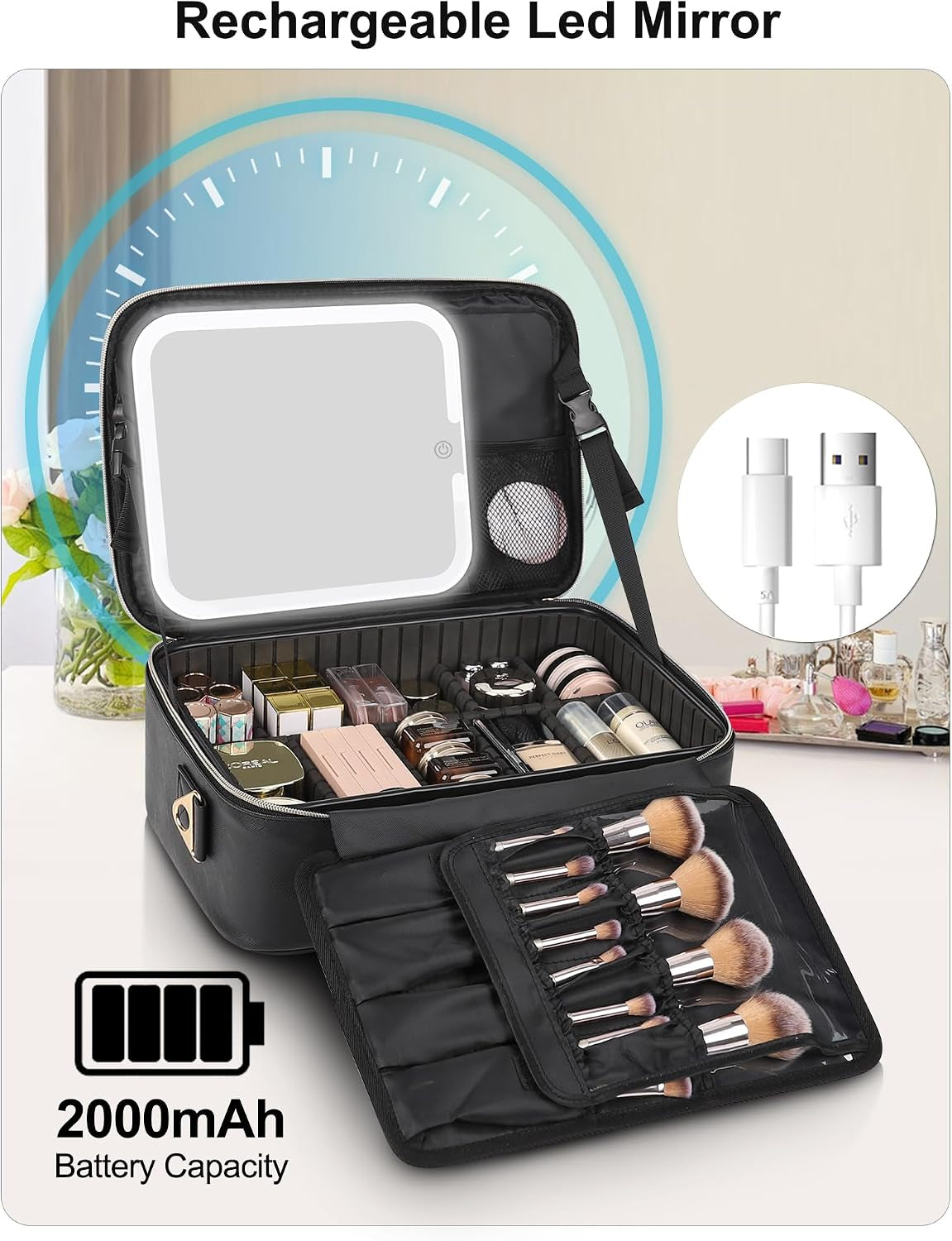 Makeup Train Case with LED Mirror, Professional Travel Cosmetic Bag with Removable Partitions,Compact Makeup Organizer, Waterproof Toiletry Case for Women, Black