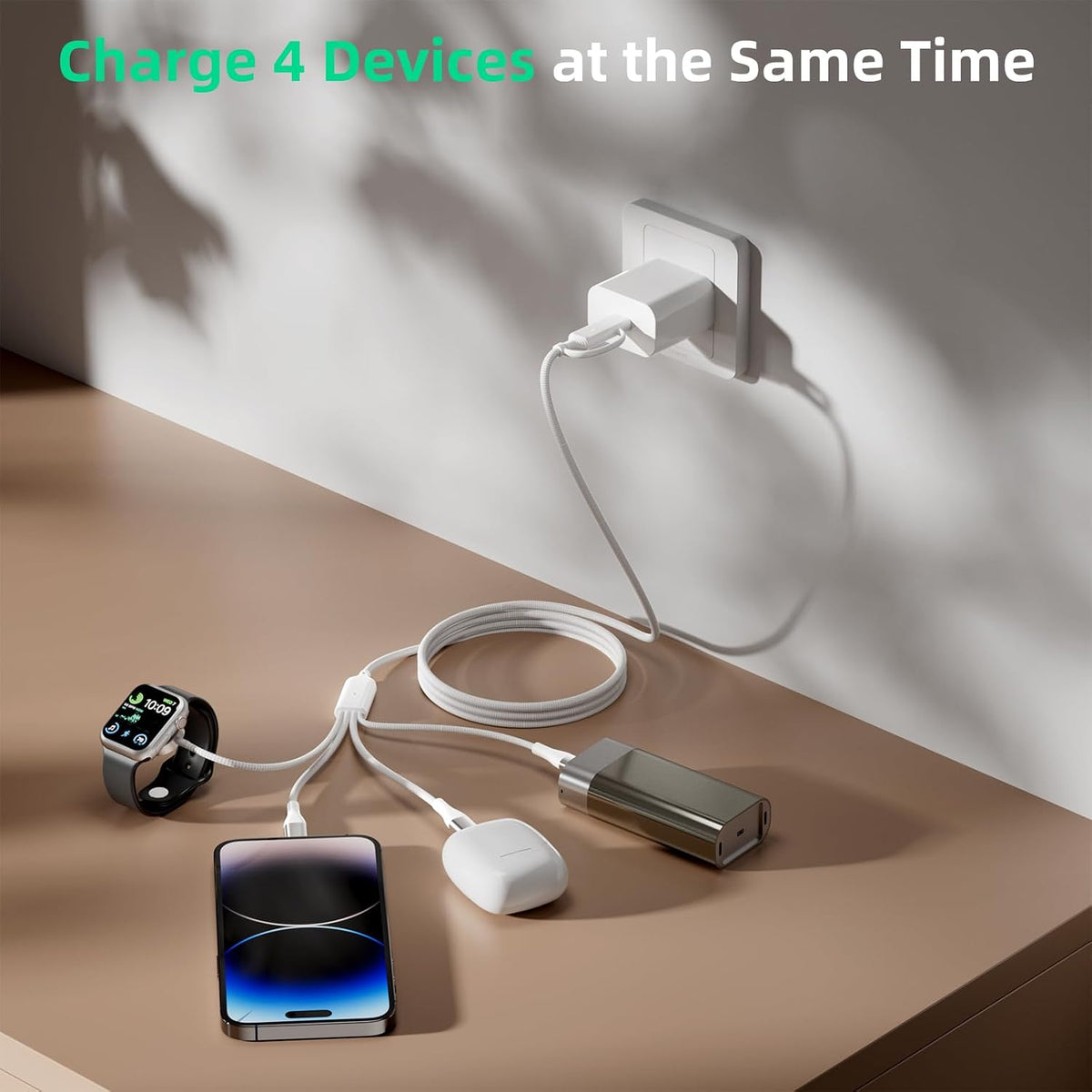 4-In-2 Multi Charging Cable with Smartwatch Charging, White, 4FT
