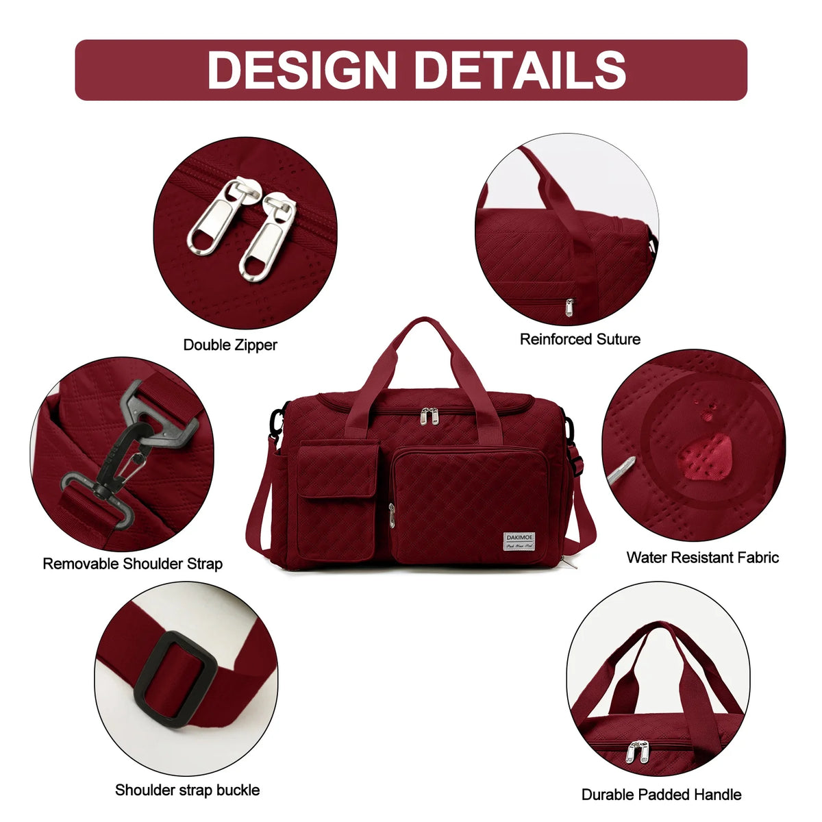 Travel Duffle Bag for Women Men, Weekender Overnight Bags Carry on Gym Bag with Wet Pocket/Adjustable Strap/Shoe Compartment, Foldable Waterproof Duffel Tote for Plane Sports Dance, Wine Red