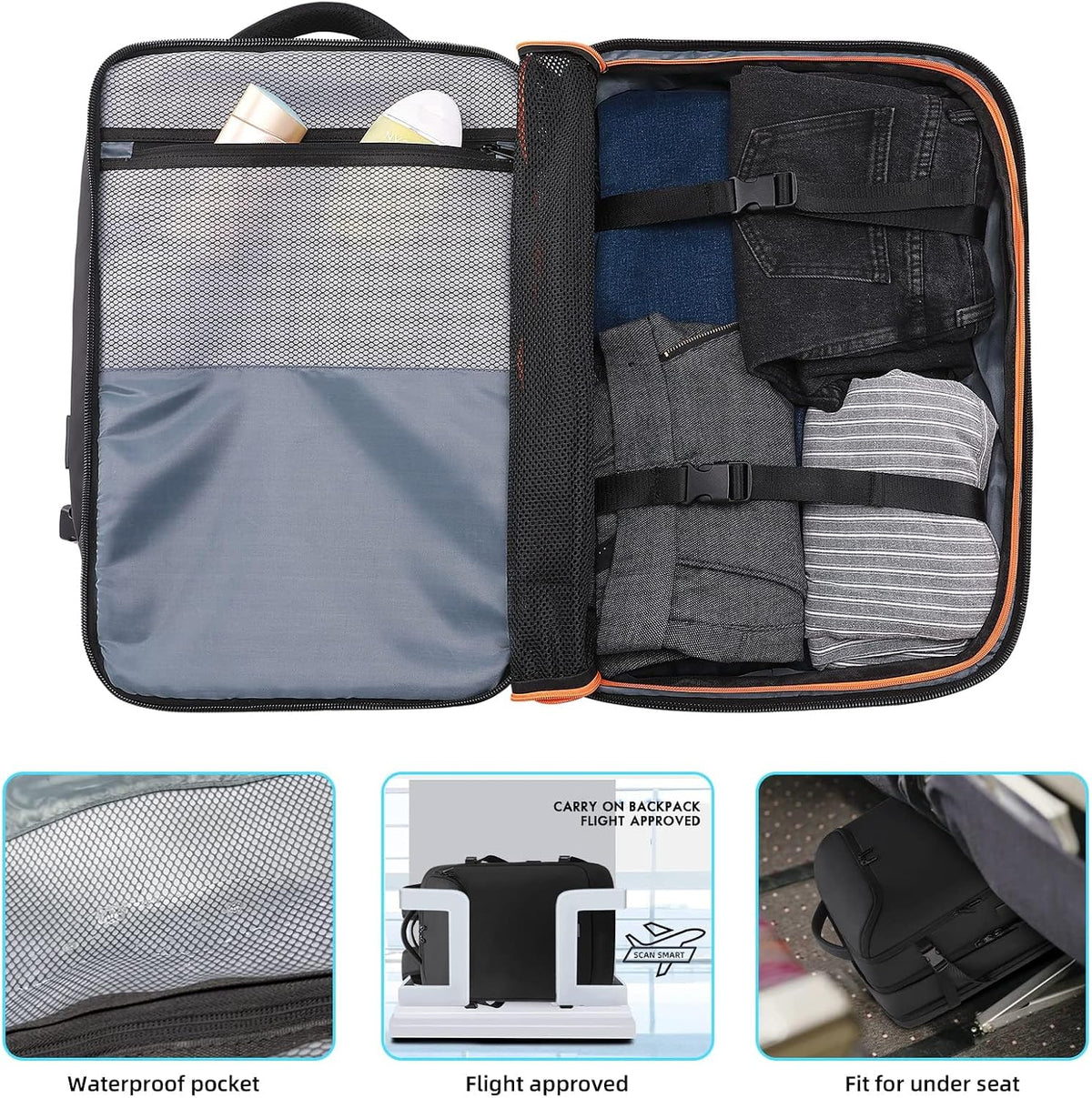 Travel Carry on Backpack 50L Expandable Flight Approved Backpacks 17.3 Inch Laptop and USB Charging Port Bags Water Resistant Business Back Pack for Women & Men