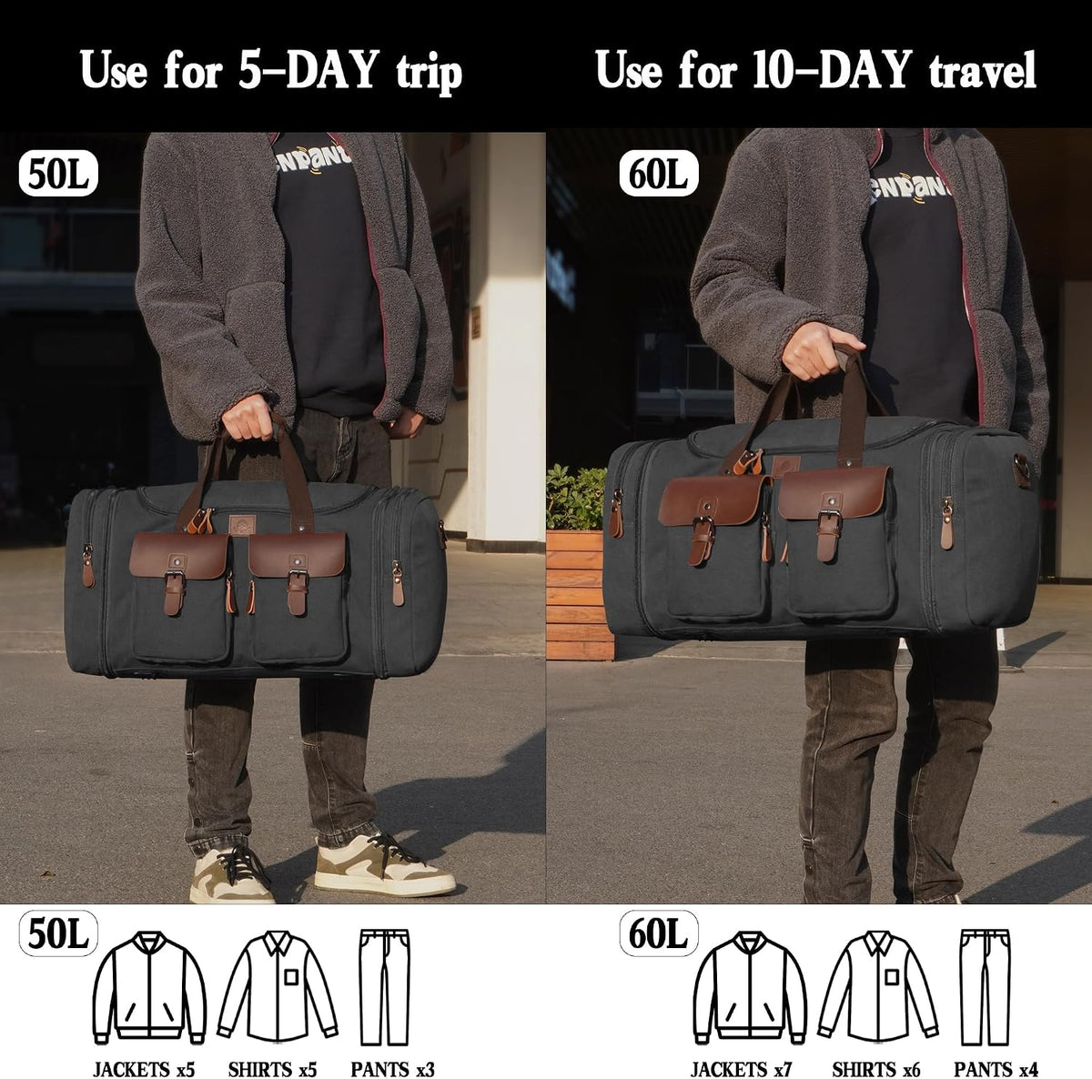 Canvas Duffle Bag for Men - 50L Expandable Travel Duffel Bags