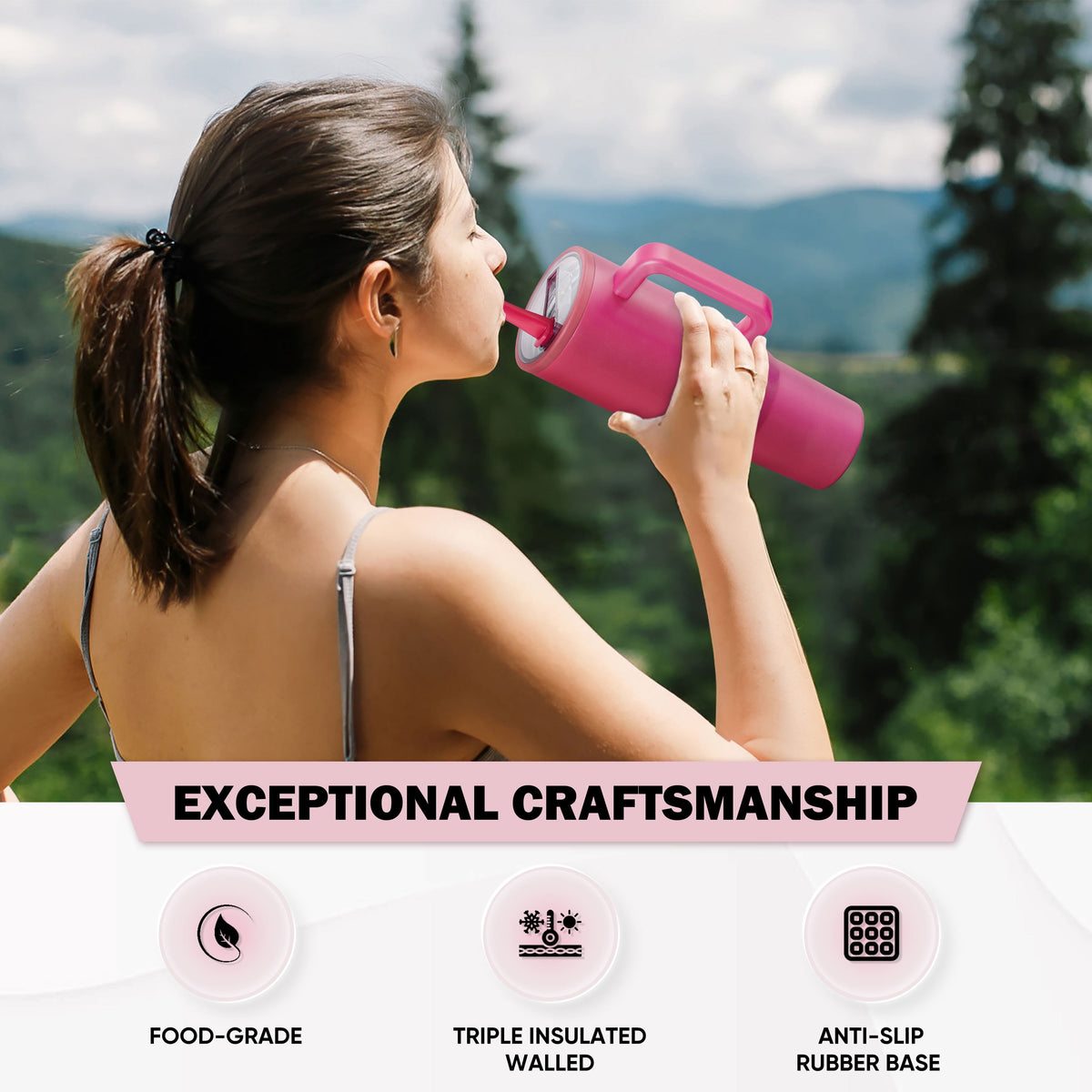 40Oz Fuchsia Large Vacuum-Insulated Tumbler with Lid, Reusable Stainless Steel Water Bottle with Handle Flip Straw Rubber Base, Leak Resistant Travel Coffee Mug for Home Office Gym