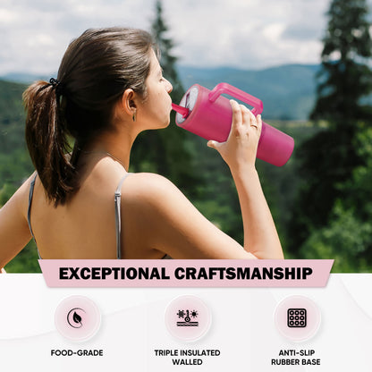 40Oz Fuchsia Large Vacuum-Insulated Tumbler with Lid, Reusable Stainless Steel Water Bottle with Handle Flip Straw Rubber Base, Leak Resistant Travel Coffee Mug for Home Office Gym